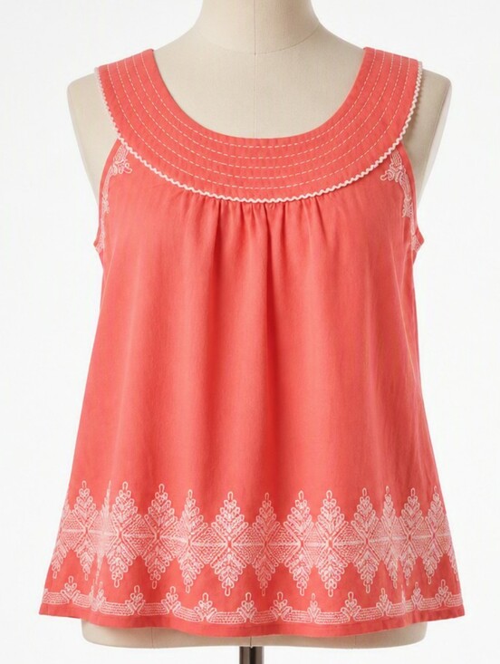 Anthropologie Tops - Anthropologie Floreat Embroidered Linen Blend Tank Top Coral Orange Scoop Neck S